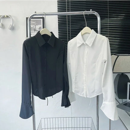 White Shirt Women Tops Korean Long Sleeve Blouses Lace Up Button Up Shirt Office Lady Black Fashion Slim Turn-Down Collar Blouse