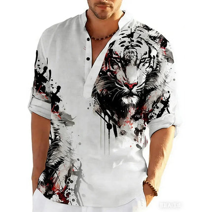 Spring and Autumn 3D Button Polo Shirt Graffiti Stand Collar New Casual Long Sleeved Polo Shirt