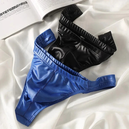 Men's Stretch Imitation Leather G-String Sexy Bugle Pouch T-Back Thong Korean Youth Solid Mid Waist Underwear Lingerie Parties