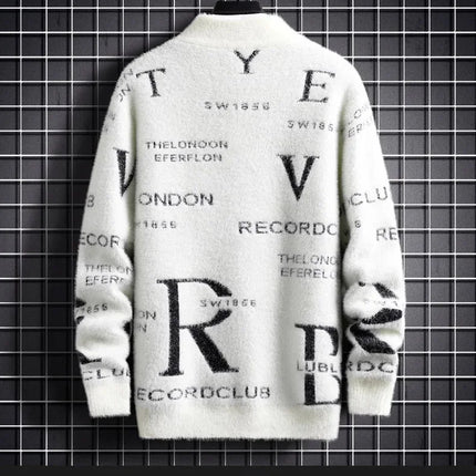 Men's Autumn Winter Fleece Lined Knitted Half High Collar Sweater Letter Pattern Thick Warm Casual Wear for All Seasons