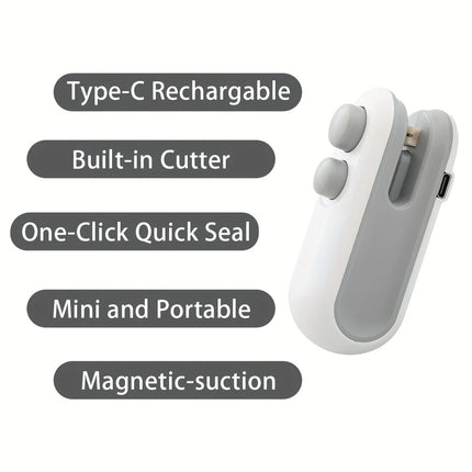 2 in 1 Mini Bag Sealer with Cutter and Magnet Plastic Bag Heat Sealer USB-C Rechargeable Chip Bag Sealer for Snack Bags