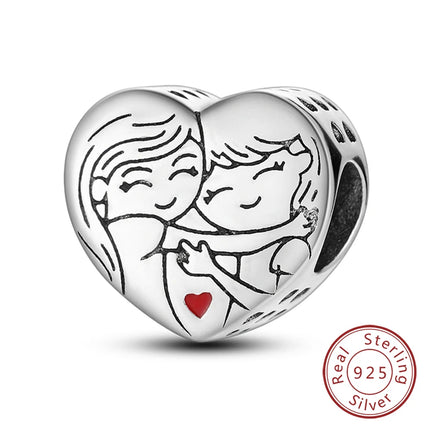 Original 925 Sterling Silver Charm Beads Love Heart Family Charms Pendant Fit Bracelet Charm Women DIY Jewelry Gift