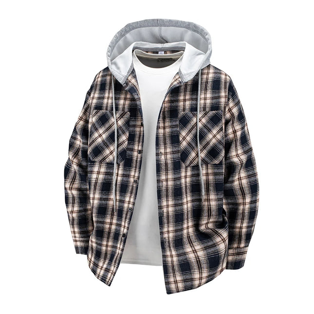 Hooded men's and women's wearable plaid shirts, Japanese shirt jackets for spring and fall, loose-fitting long-sleeve jackets.