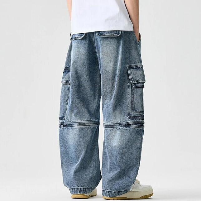 Men Denim Cargo Pants New Arrival 2026 Spring Safari Style Streetwear Vintage Big Pockets Loose Male Casual Wide Leg Jeans N063