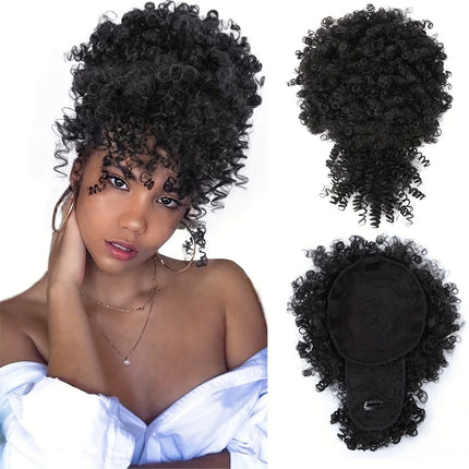 Afro Puff Drawstring Ponytail with Kinky Curly Hair Clip in Bangs Short Synthetic Hair Extensions Updo Hairpieces for Women