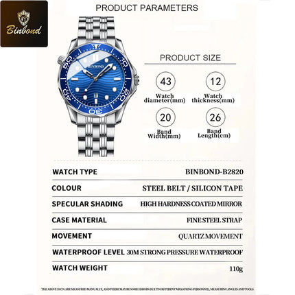 BINBOND Top Brand Casual Fashion Ultra-thin Seahorse Series Quartz Men's Watches 30M Waterproof Luminous Sports Men's Watches