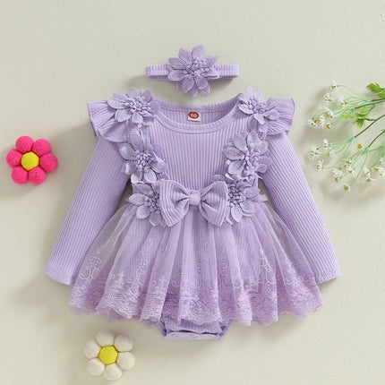 Pudcoco Infant 2-Piece Baby Girls Set 3D Flower Bow Long Sleeve Mesh Dress Romper Headband Adorable Ribbed Outfits 0-18M