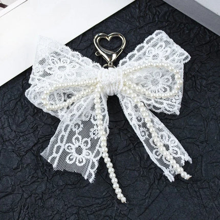 Korean Cute Lace Bow Pearl Beaded Phone Pendant Chain Accessories Aesthetic Ballet Shoes Camera Bag Decoration Keychain Gift
