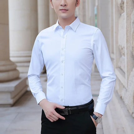 Men's Slim Fit Long Sleeve White Shirt Wedding Groomsmen Business Formal Korean Style Polyester Fiber Non-Iron Treatment