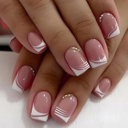 24Pcs Simple Square Head Fake Nail with nude design White Gradient French Press on False Nails Short Full Cover Nail Tips