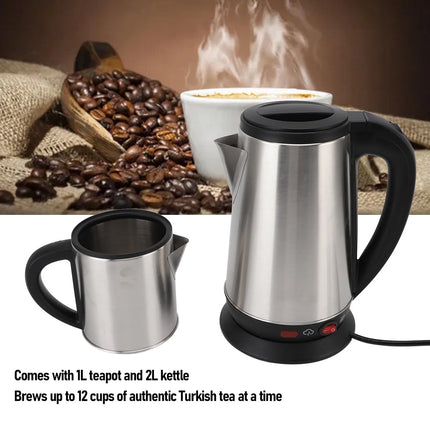 220V Electric Turkish Kettle Set 1L & 2L Stainless Steel Black Herbal Tea Maker Double Kettle Turkish Teapot for Home