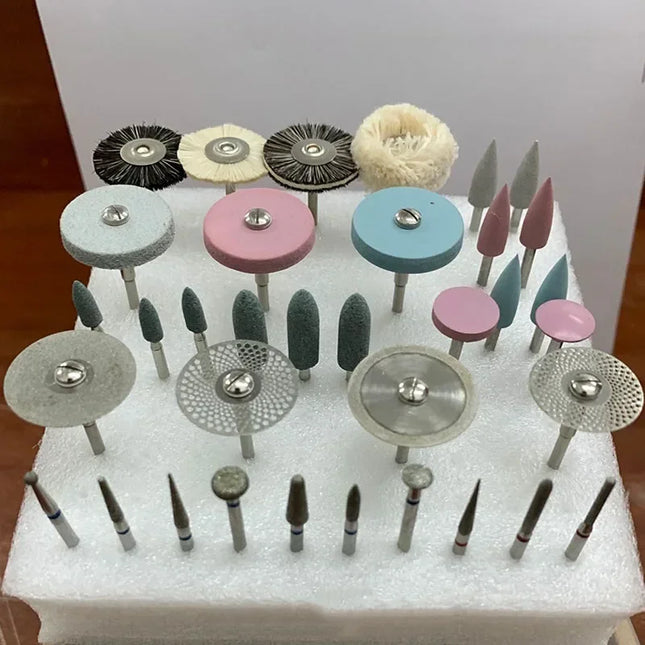 35Pcs/Set Dental Lab Polishing HP Kit Ceramic Porcelain Grinding Dentist Tool Diamond Burs Brush Material