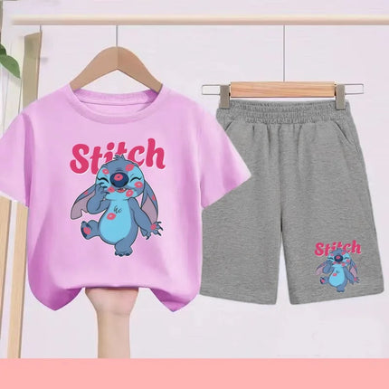 Disney Casual Children's Fashion Set T-shirt+ Shorts 2 Piece Stitch  Print  Boys Girls 3-12 Years Sports Coat Trend Party Sets