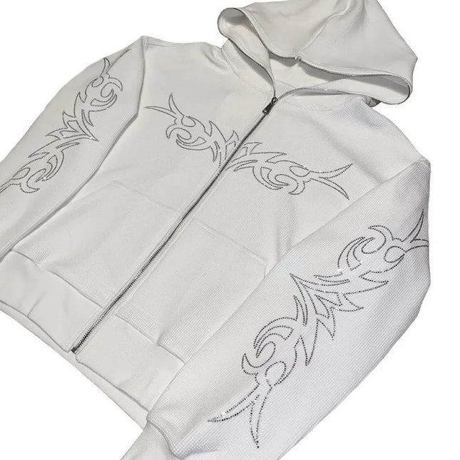 Y2K Rhinestone Letter Hoodies Women Gothic Black Zip Up Oversized Sweatshirts Female Retro Harajuku Hooded Jacket Streetwear