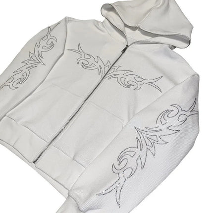 Y2K Rhinestone Letter Hoodies Women Gothic Black Zip Up Oversized Sweatshirts Female Retro Harajuku Hooded Jacket Streetwear