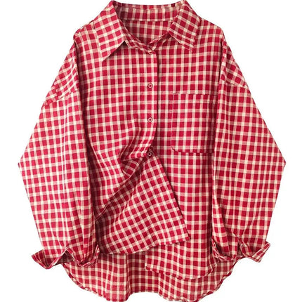 2026 Y2k  Women New Vintage Red Plaid Turn-down Collar Over-shirt Long Sleeve Streetwear Loose Patchwork Harajuku Blouses