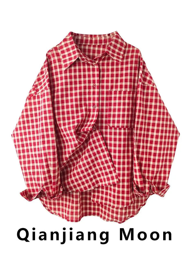 2026 Y2k  Women New Vintage Red Plaid Turn-down Collar Over-shirt Long Sleeve Streetwear Loose Patchwork Harajuku Blouses