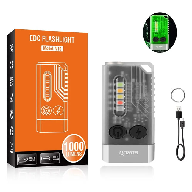 BORUiT V10 1000LM EDC Keychain Flashlight UV LED Type-C Rechargeable Work Light Torch with Magnet Buzzer Pocket Lantern