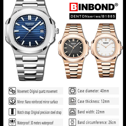 BINBOND Luxury Military Man Watch Square Waterproof Luminous Date Week Men Watch Stainless Steel Quartz Men's Watches Reloj