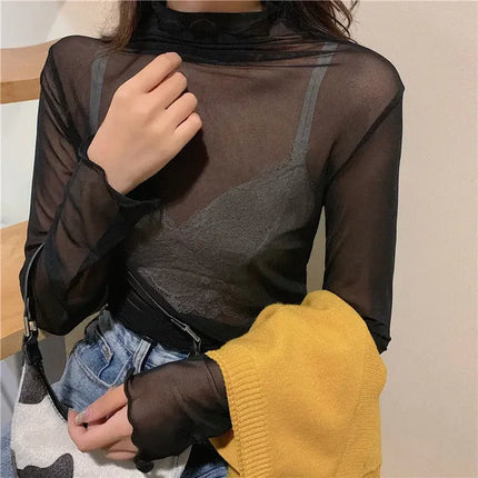High Neck Sheer Mesh Top Women Clothing Long Sleeve Turtleneck T-shirt Korean Sexy See Through Black White Beige Shirt New