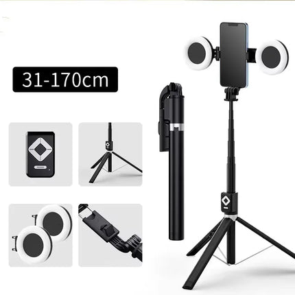 4 in 1 Phone Mount 1.7m Extendable live Tripod Selfie Stick Support LED Ring Dual Light Mirror Stand for iPhone 15 14 11 Android
