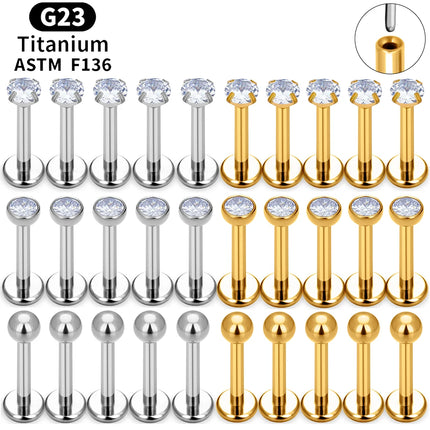 10PCS ASTM F136 G23 Titanium Piercing Labret Lip Ring Stud Earring CZ Ear Tragus Cartilage Helix Daith Pierc Jewelry 16/18/20g