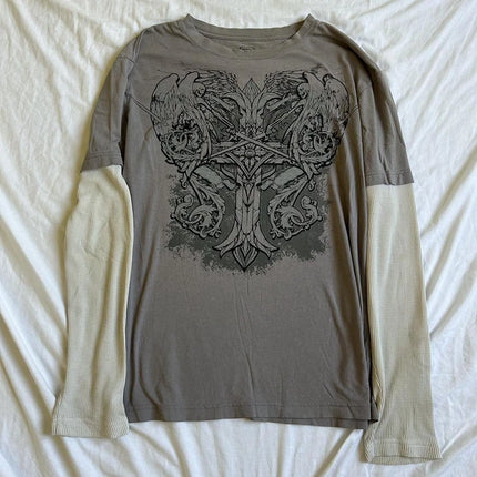 90s Vintage Cross Skull Print Tee Mall Goth Graphic Long Sleeve Patchwork T-Shirt Harajuku Retro Y2K Crop Top Women Streetwear