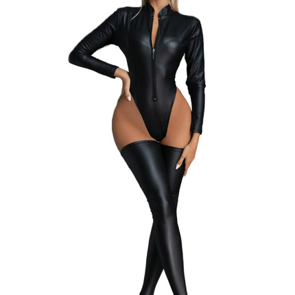 Sexy Women Leather Catsuits With Long Stocking Gloves High Cut Wetlook Latex Bodysuit Lingerie Set Stage Wear Clubwear Overalls