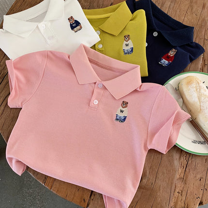 Children's Summer Polo Shirt Cartoon Bear Print Baby Collar Short Sleeve Unisex Kids' Fashion Top for Boys And Girls