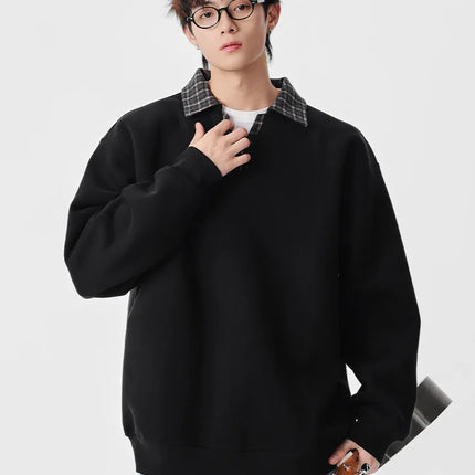 Retro Plaid Polo Neck Sweatshirt for Men and Women Heavyweight Cotton Soft Fake Two-Piece V-Neck Long Sleeve