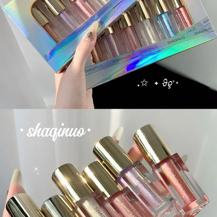 SHAQINUO Glittering Mirror Lip Glaze Set, Watery Shimmering Light Lip Gloss Makeup 6 Color, Hydrating Moisturizing, Long Lasting