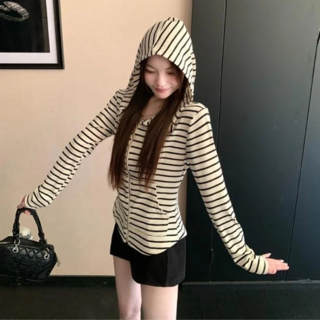 2000S American Vintage Striped Long Sleeve Hooded Sweatshirt Y2k Subculture Casual Zip Up Hooded Cardigan Harajuku Coats Chic