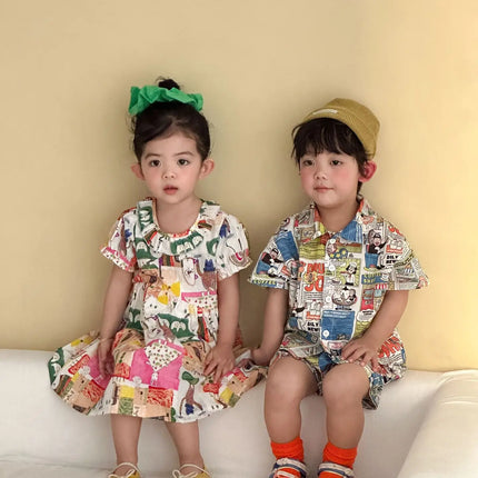 RAISE Children Summer Shirts Outfits Boys Vacation Suit 2026 Kids Girls Print Dress Brother Sister Outfits Siblings Matching Set