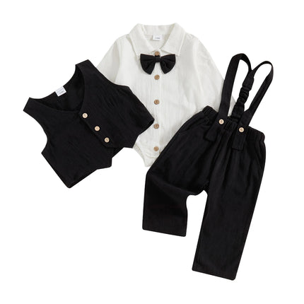 0-18M Newborn Baby Boy Dress Clothes Long Sleeve Romper Shirt Bowtie Waistcoat Suspender Pants Set Suit Fall Outfits