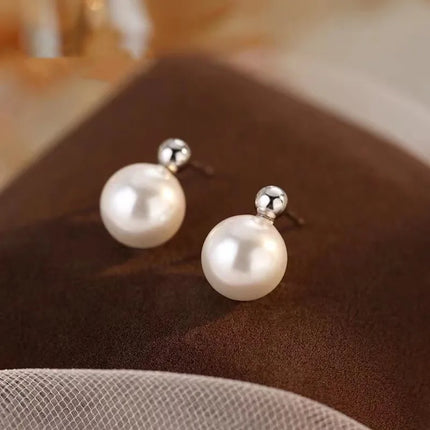 Real 925 Sterling Silver Zircon Bead Round Pearl Stud Earrings For Women Classic Fine Jewelry Niche Light Luxury Accessories