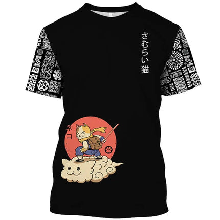 Japanese Samurai Cat Print T Shirt For Men Casual Simplicity O-neck Short Sleeve Fashion Trend Harajuku Streetwear Oversized Top