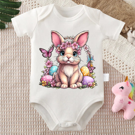 Pure Cotton Bodysuit Retro Happy Easter Bunny Flowers Onesie Comfortable Cloths for Baby Jumpsuit for 0 To 12 Months Newborn