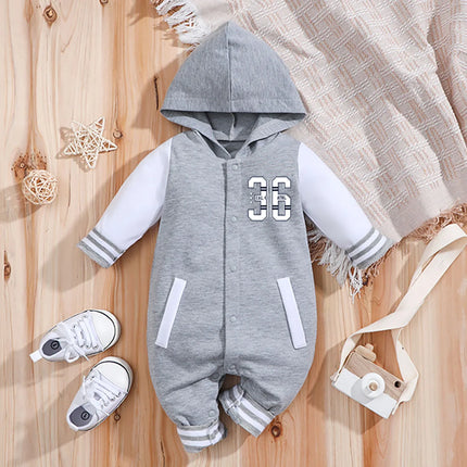 IURNXB Baby Romper Grey Longsleeve Newborn Hooded Baseball Clothes 36 Classic Sport Typography Jersey Kids Infant Jumpsuit 0-18M