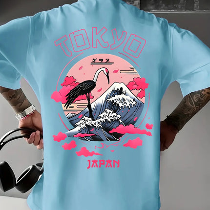 Men's Summer 100% Cotton Tokyo Casual Pattern Printed Fashionable Loose Round Neck Short Sleeve T-Shirt Top