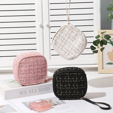 Women Makeup Pouch TikTok Viral Organizer Bag, Tweed Fabric Cosmetic Case with Long Handle for Travel Toiletries Sanitary Pads