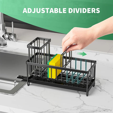 LMETJMA Sponge Holder Carbon Steel Sink Caddy Sponge Holder With Self Drain Tray Kitchen Sink Caddy Organizer with Divider