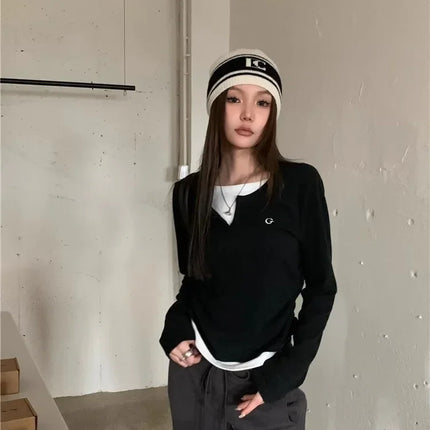 2024 Autumn Winter Long Sleeves Korean Fashion Style O-neck T-shirt For Women Fake Two-Piece T-shirts Ladies Top Tee Clothes