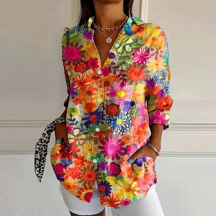 Plus Size Crushed Printed Button Casual Shirt Single Row Button Home Fashion Basic Versatile T-shirt