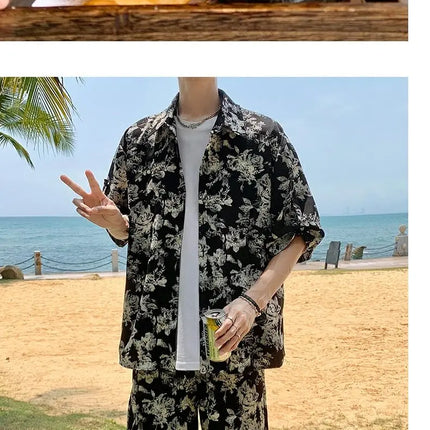 Loose Straight Leg Five-Quarter Beach Pants or Short Sleeve Printed Shirt Beach Travel Men's Fashion Floral Patterned Two-Piece Set
