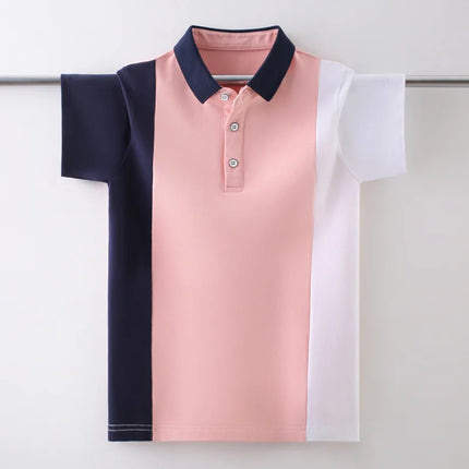 Teenage Boys' Cotton Uniform Polo Shirt, England Style Fashion Stripe Design, Kids' Short Sleeve Tops for Children Aged 5-15 Years
