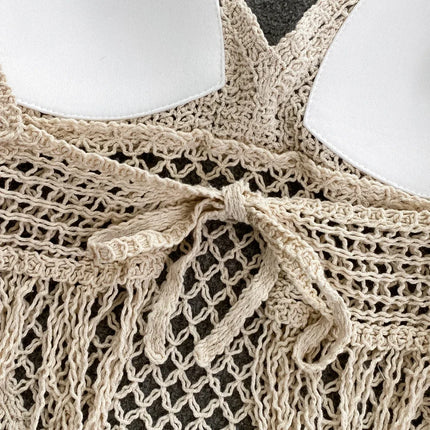 Knitted Tassels Hollow Out Tank Camis for Women Bohemian Style Halter Sleeveless Sexy Femme Corset Crop Tops Beach Tank Camisoles