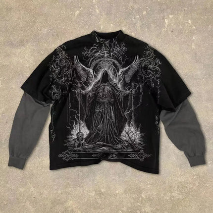Gothic Fake Two Piece Long Sleeve Red Eye Pattern Spliced T Shirt Autumn Popular Select Dark Punk Fashion Cotton Tops
