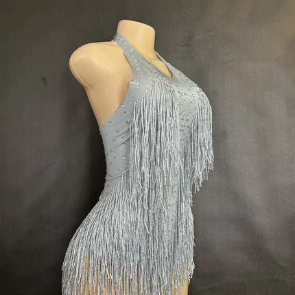 Sparkly Rhinestones Fringe Bodysuit Women Nightclub Party Dance Costume Stage Wear Sexy Tassel Leotard Performance Clothing 7G