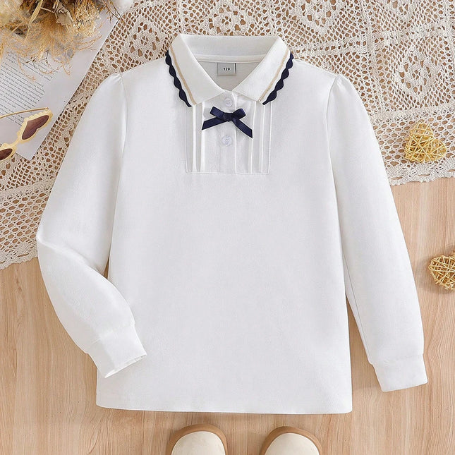 Girls' White Long Sleeve Polo T-shirt with Ruffled Collar And Bow Elegant Kids School Shirt for Ages 5-12