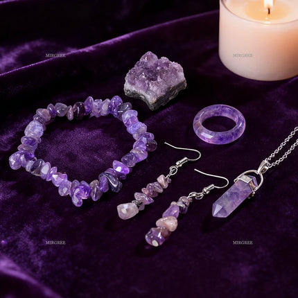 5pcs Natural Amethyst Set - Stone Bracelet, Crystal Pillar Necklace, Ring and Earrings, Healing Crystal Gemstone Accessories